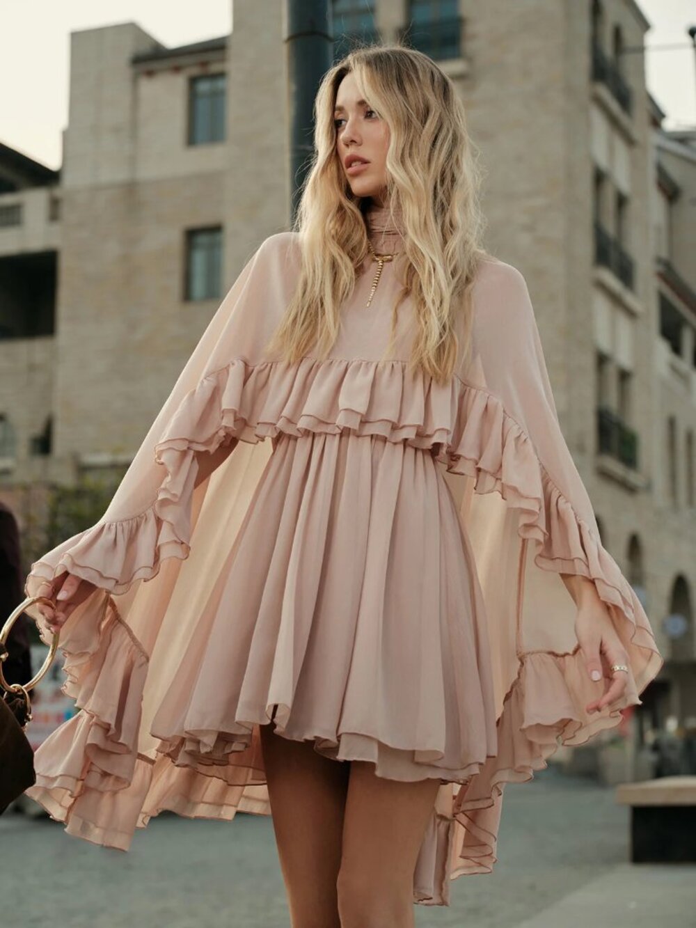 Commense Semi-Sheer Chiffon Ruffle Dress With Outer Cape NWT, Size M